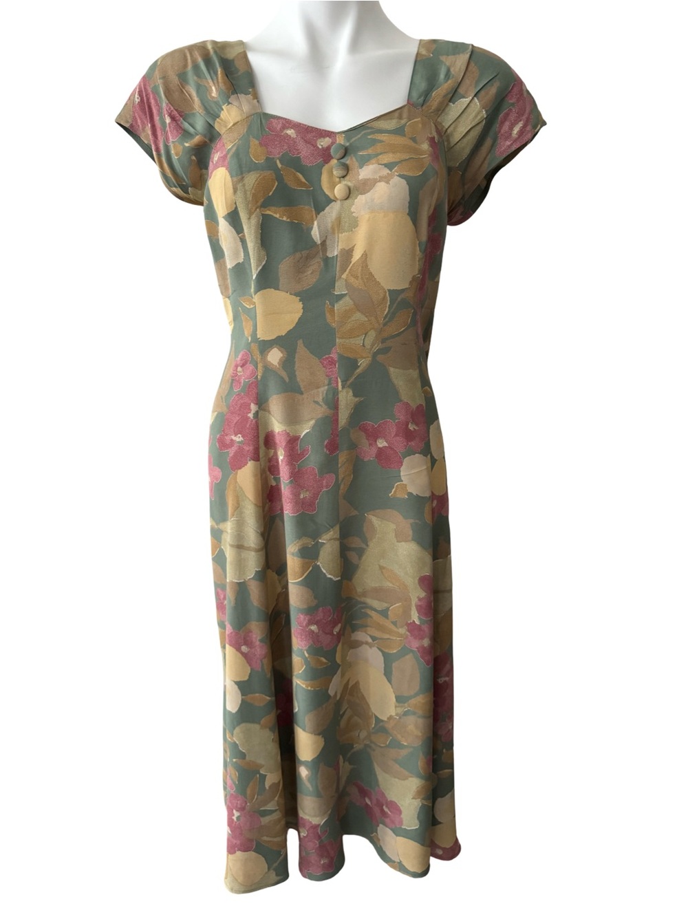 Vintage Floral Midi Dress in Green and Pink
